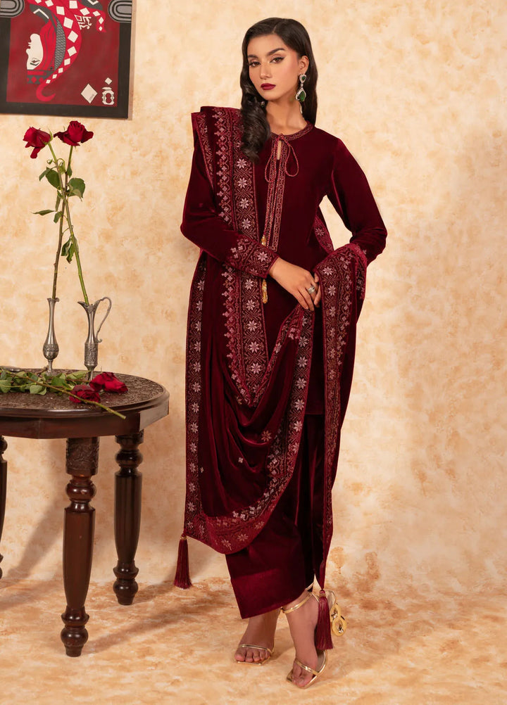 Fozia Khalid Pret Embroidered Velvet 2 Piece Suit Garnet