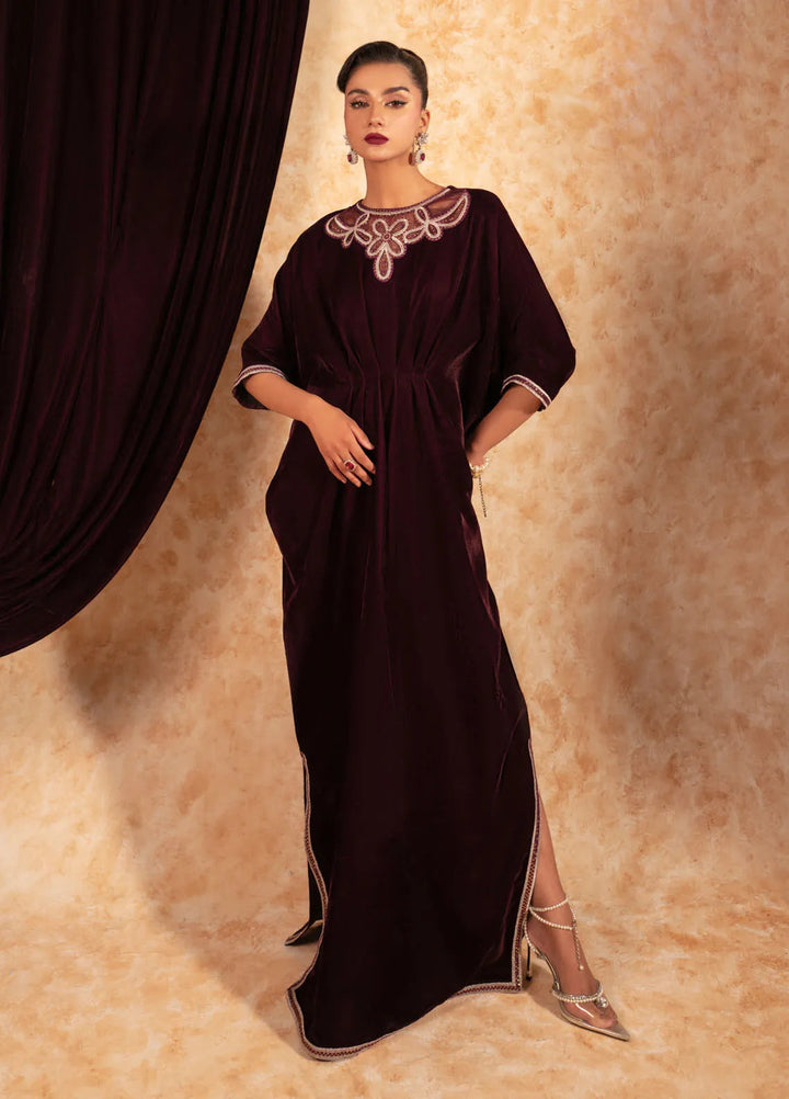 Fozia Khalid Pret Embroidered Velvet Kaftaan Ruby