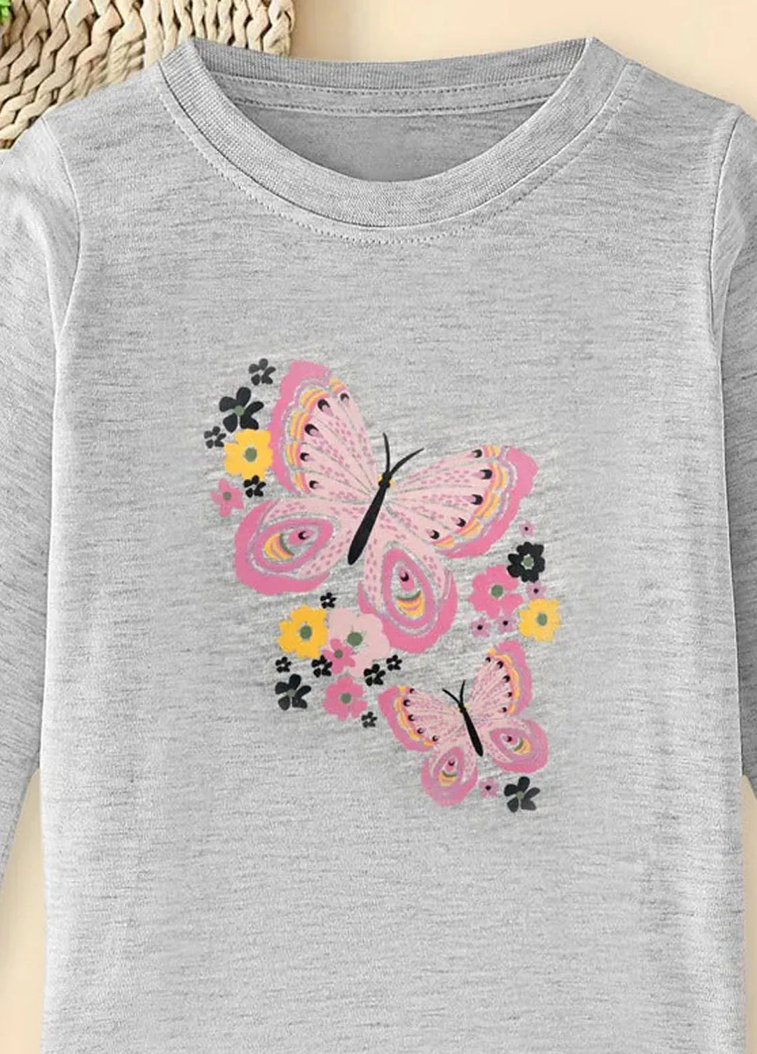 Baby Nest Gray Fluttering Butterflies in Bloom Printed Full Sleeves T shirt for Kids - BNDR-58