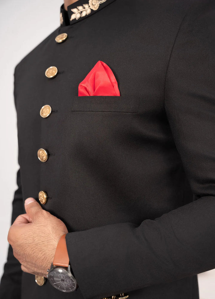 HK Fashion Raw Silk Mens - Black Embroidered Prince Coat