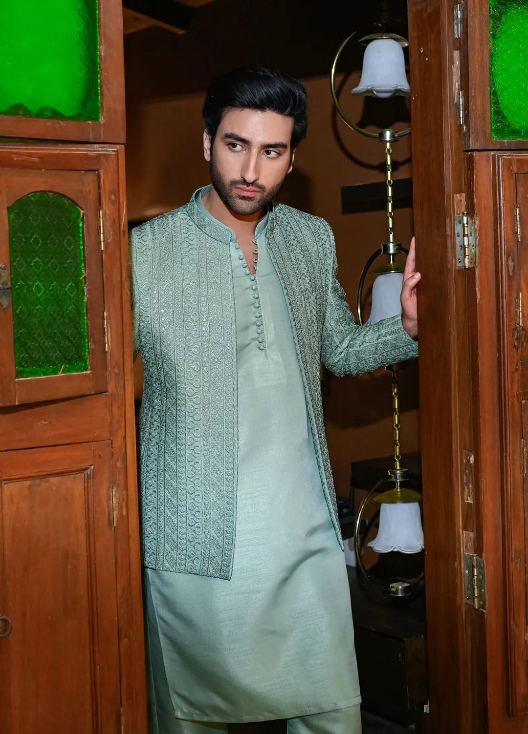 HK Fashion Raw Silk Mens - Mint Green Embroidered Prince Coat