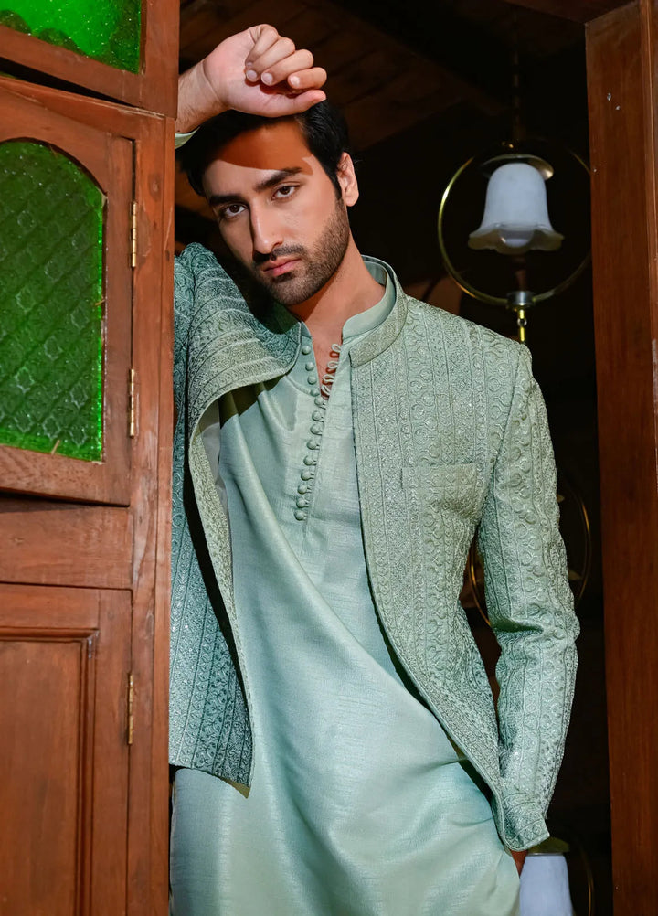 HK Fashion Raw Silk Mens - Mint Green Embroidered Prince Coat