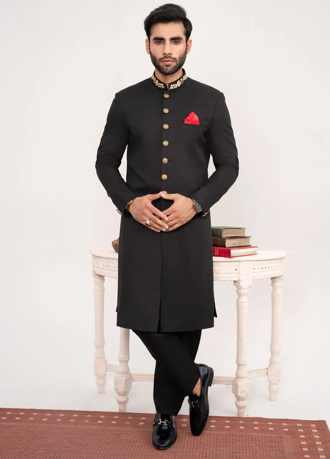 HK Fashion Suiting Mens - Black Embroidered Sherwani