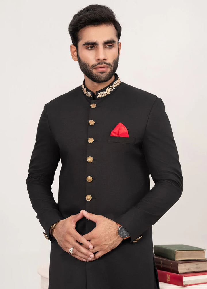 HK Fashion Suiting Mens - Black Embroidered Sherwani