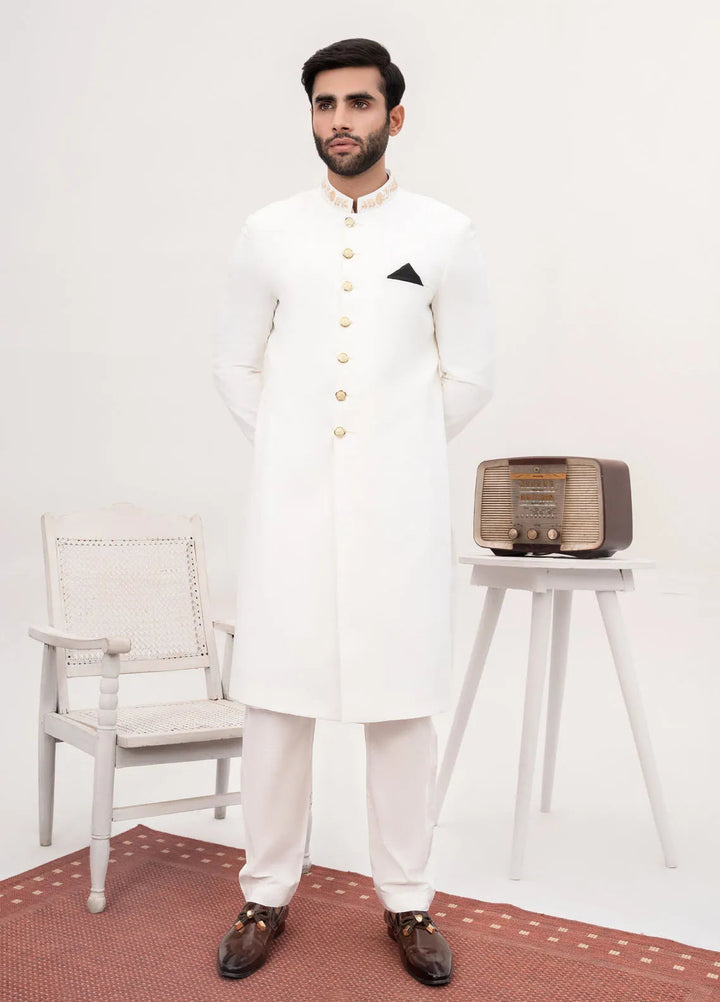 HK Fashion Suiting Mens - White Embroidered Sherwani