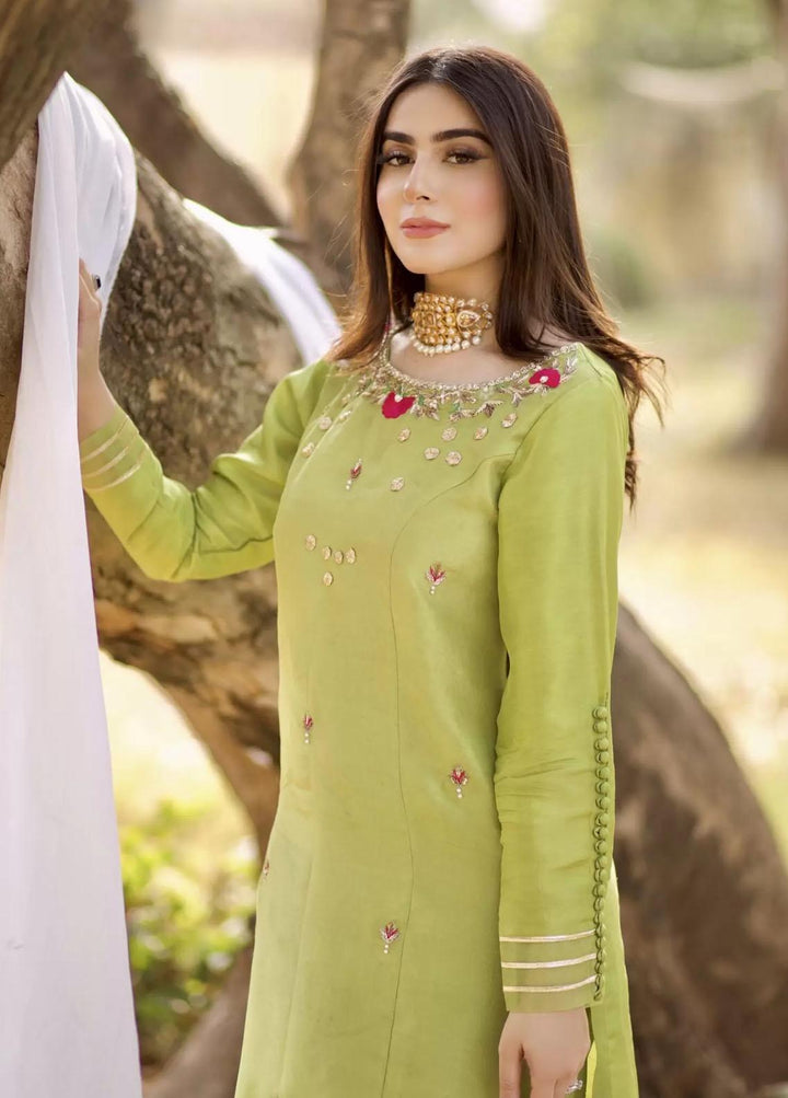 Hues Atelier Pret Embroidered Raw Silk 3 Piece Suit HA23LP Apple Green Gota