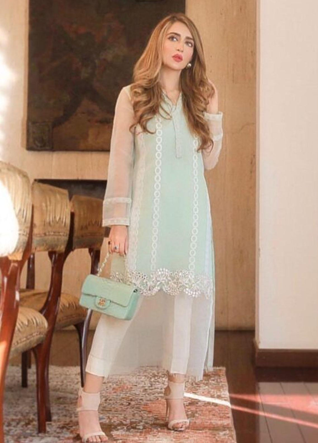 Hues Atelier Pret Embroidered Organza Shirt HA23LP Mint Dori Sheesha Shirt
