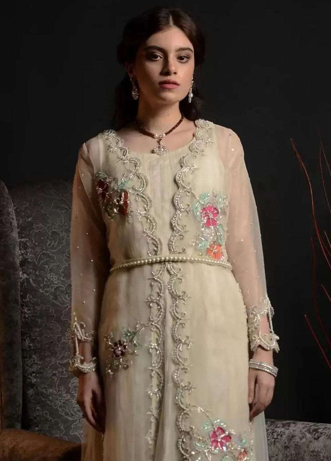 Hues Atelier Pret Embroidered Organza 2 Piece Suit Pearl Spade