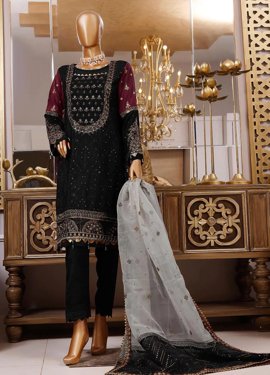 HZ Textiles Embroidered Raw Silk Suits Unstitched 3 Piece HZ23MU 02-BLACK - Summer Collection