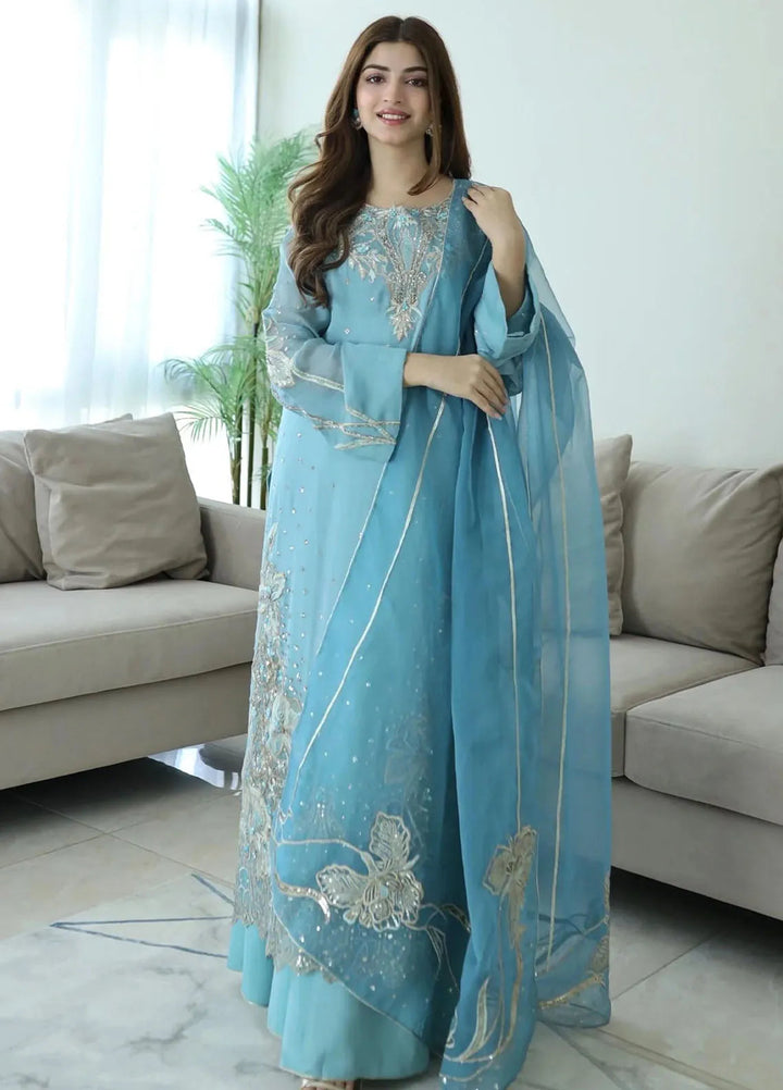 Jamnii Pret Embroidered Chiffon Silk 3 Piece Suit Blue Whispers