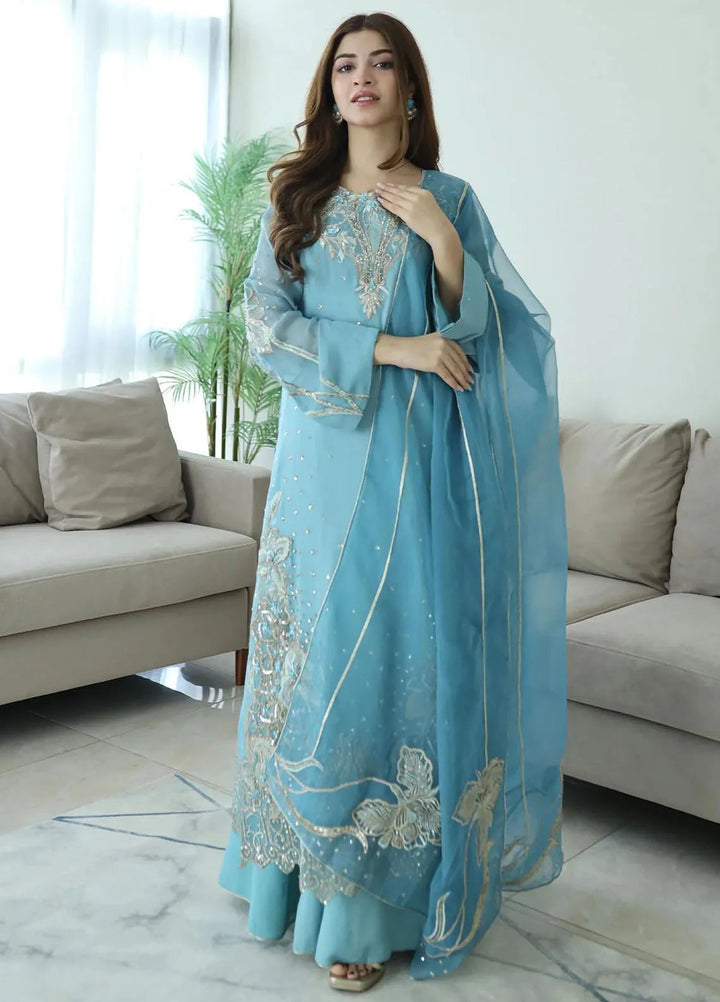 Jamnii Pret Embroidered Chiffon Silk 3 Piece Suit Blue Whispers