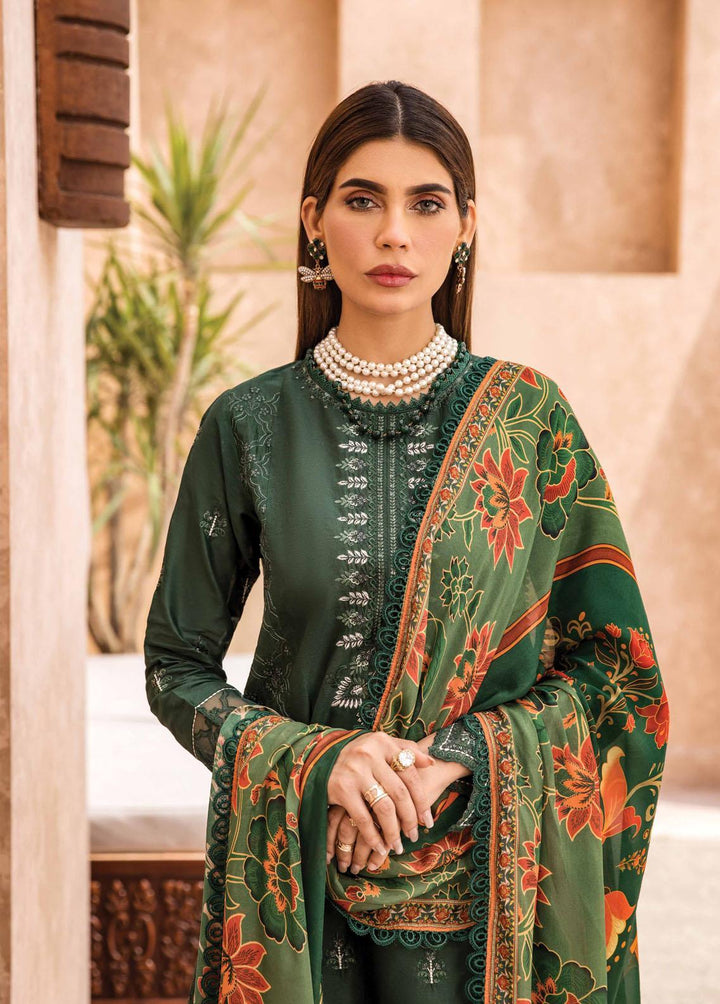 Kamari By Shazme Embroidered Lawn Suits Unstitched 3 Piece SHZ23K SH-03 Forest Green - Luxury Collection
