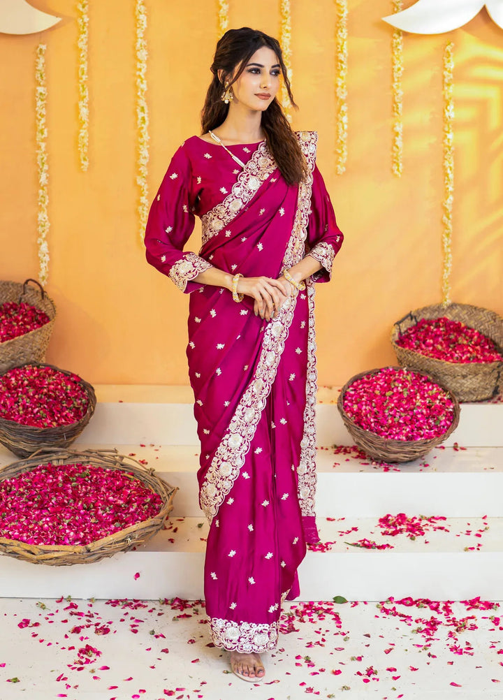 Khuwab by Kazma Pret Embroidered Charmeuse Silk Saree Ember