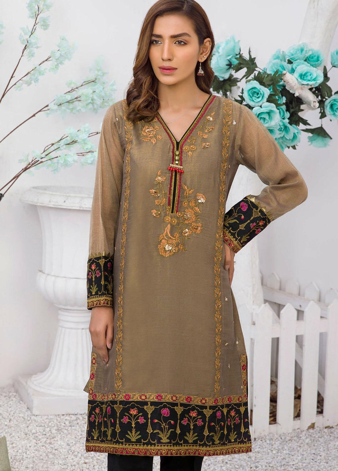Kross Kulture Luxury Pret Embroidered Tissue Shirt KX-21260 Brown