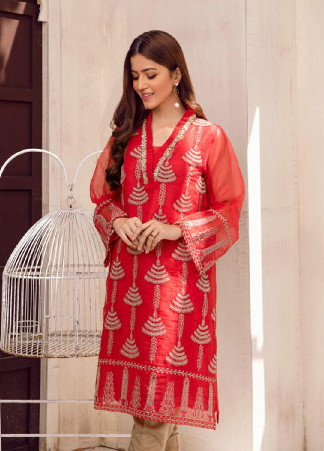 Kross Kulture Luxury Pret  Organza Shirt KX-21034 Red