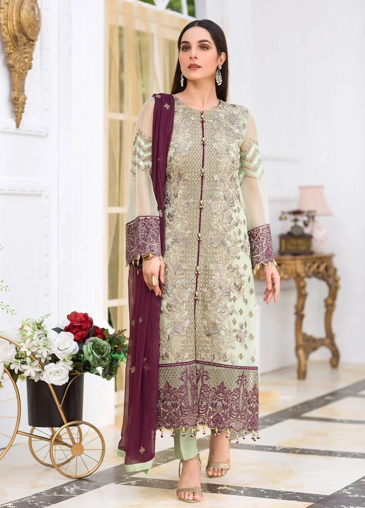 Kuch Khas By Flossie Embroidered Chiffon Suits Unstitched 3 Piece K-604 Sage - Luxury Collection