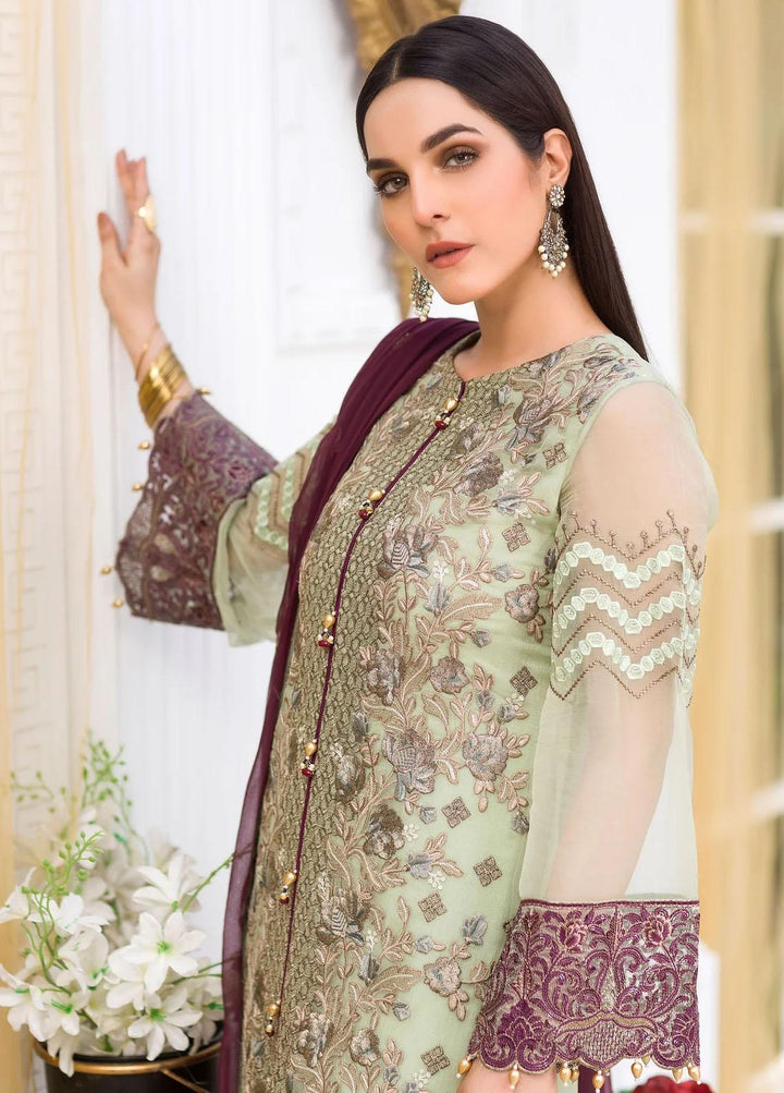 Kuch Khas By Flossie Embroidered Chiffon Suits Unstitched 3 Piece K-604 Sage - Luxury Collection