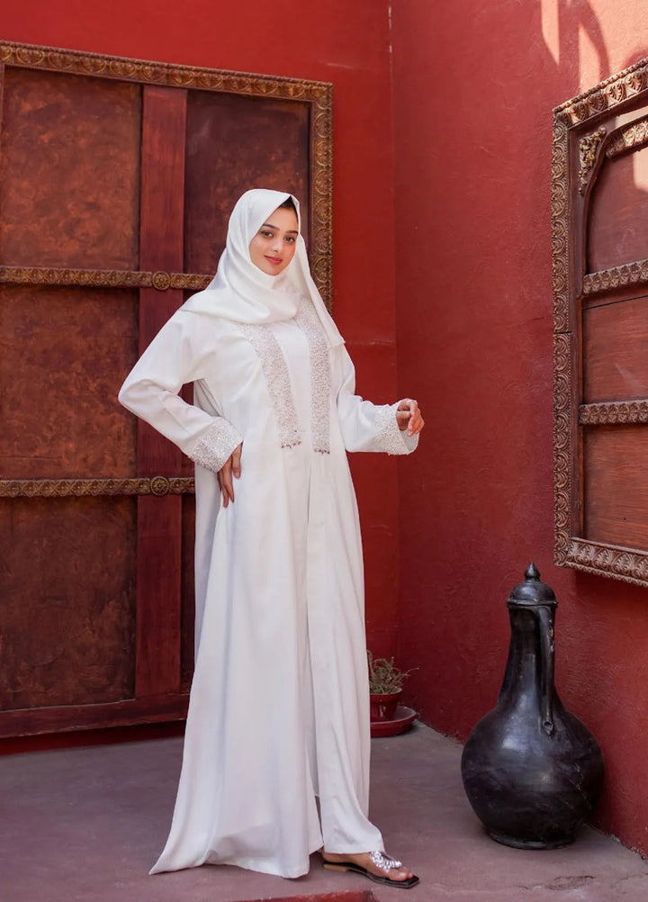 La Khilaba Pret Embellished Silk Abaya Dove Embellished