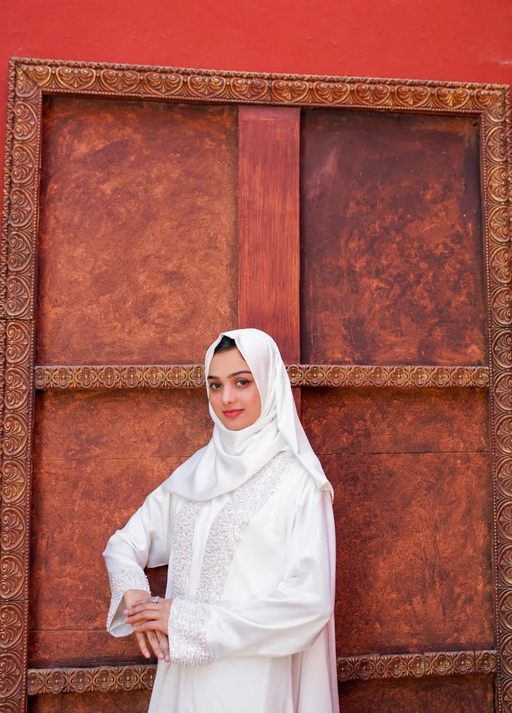 La Khilaba Pret Embellished Silk Abaya Dove Embellished