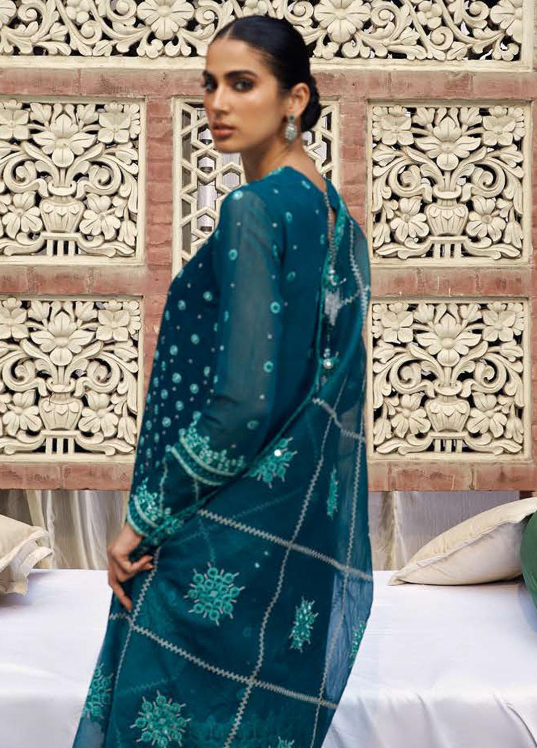 Luxe Atelier by Cross Stitch Embroidered Net Suits Unstitched 4 Piece CS22LA2 Surreal Spruce - Luxury Collection