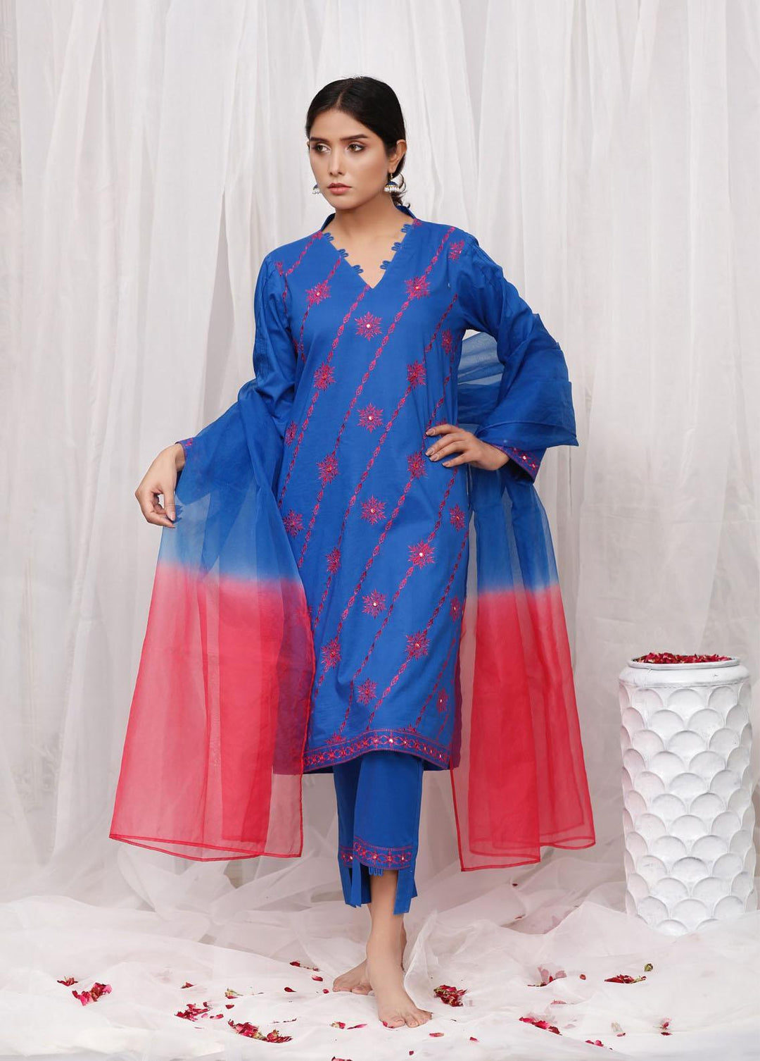 Luxeurs Pret Embroidered Cotton 3 Piece LX22RTW Electric Blue