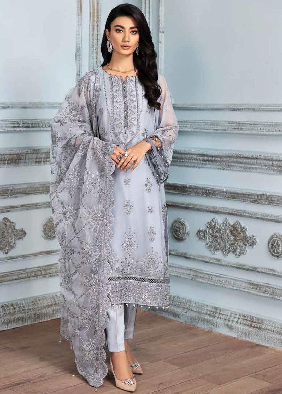 Mah-e-Ru By Alizeh Fashion Embroidered Chiffon Suits Unstitched 3 Piece AFB21MR 04 Surmai - Luxury Collection