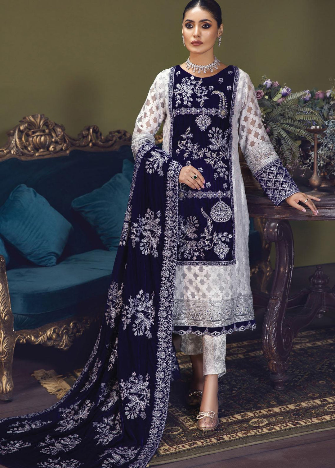 Makhmal By House of Nawab Embroidered Velvet Suits Unstitched 3 Piece HON21MV 02 Durra - Wedding Formal Collection
