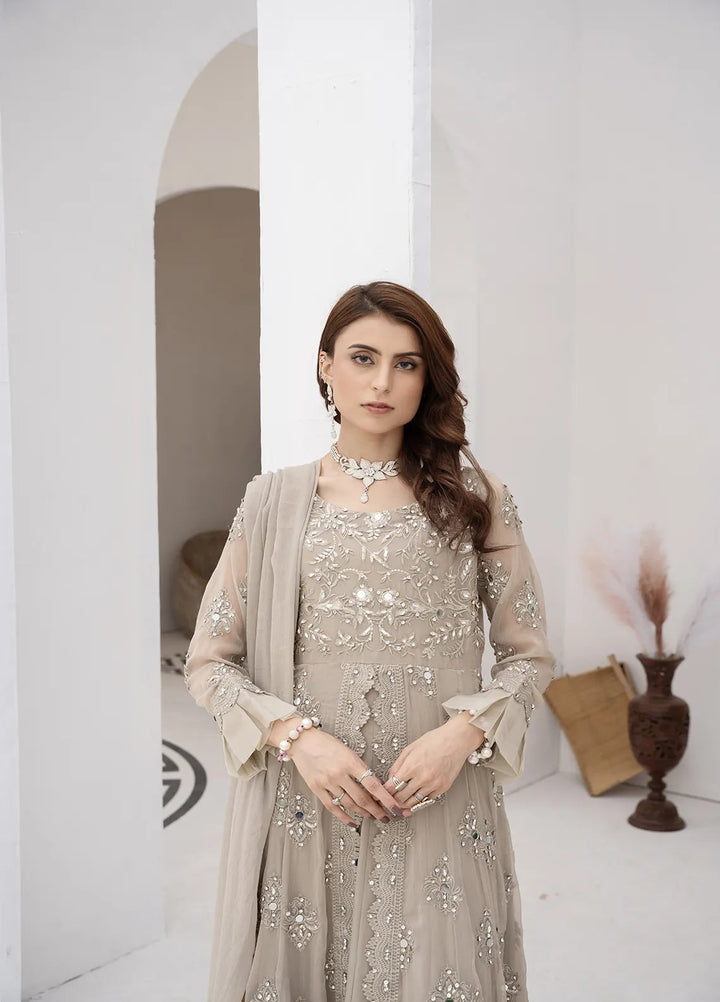 Manahils Pret Embroidered Chiffon 3 Piece Suit B 006 Camel Brown