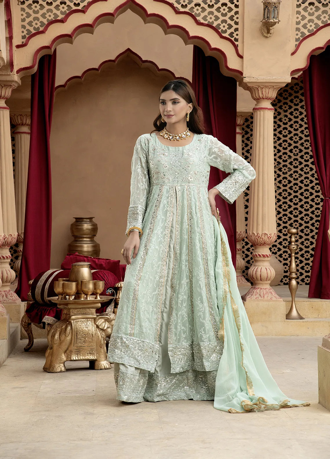 Manahils Pret Embroidered Net 2 Piece KURTI 084 Maroon