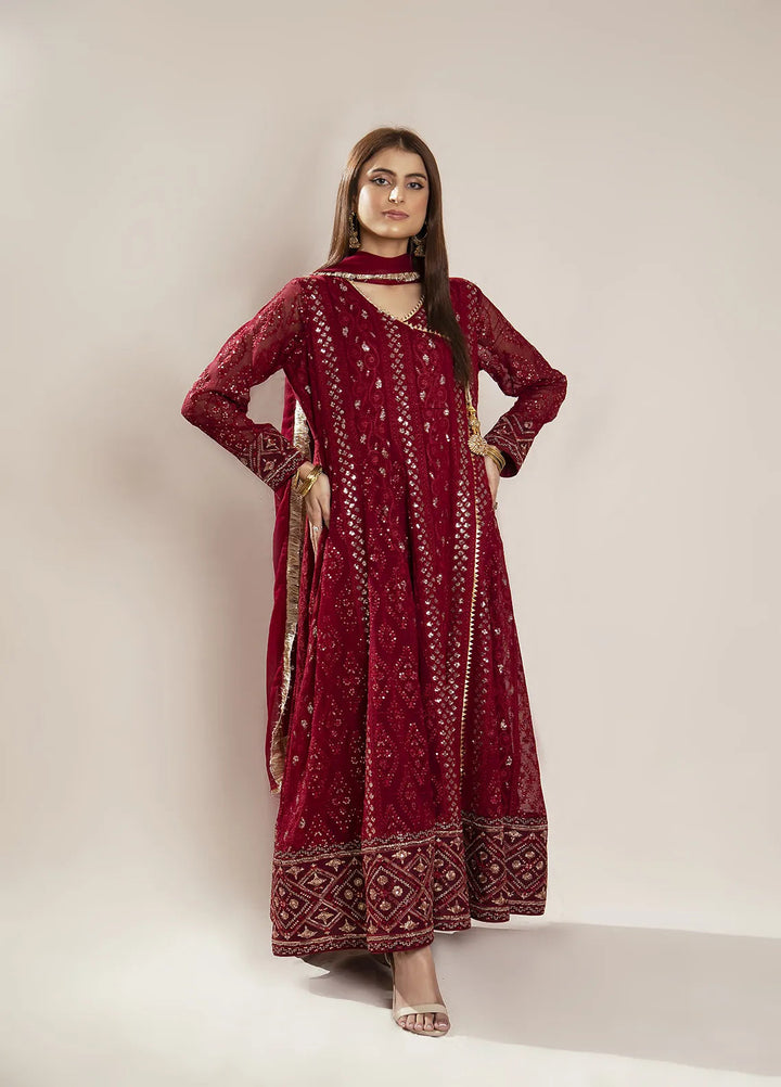 Manahils Pret Embroidered Chiffon 3 Piece Suit KURTI 099 Mehroon