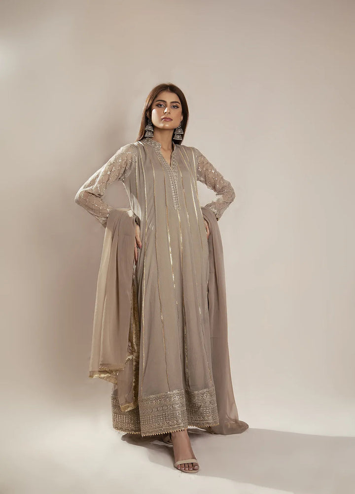Manahils Pret Embroidered Chiffon 3 Piece Suit KURTI 106 Dusty Light Brown