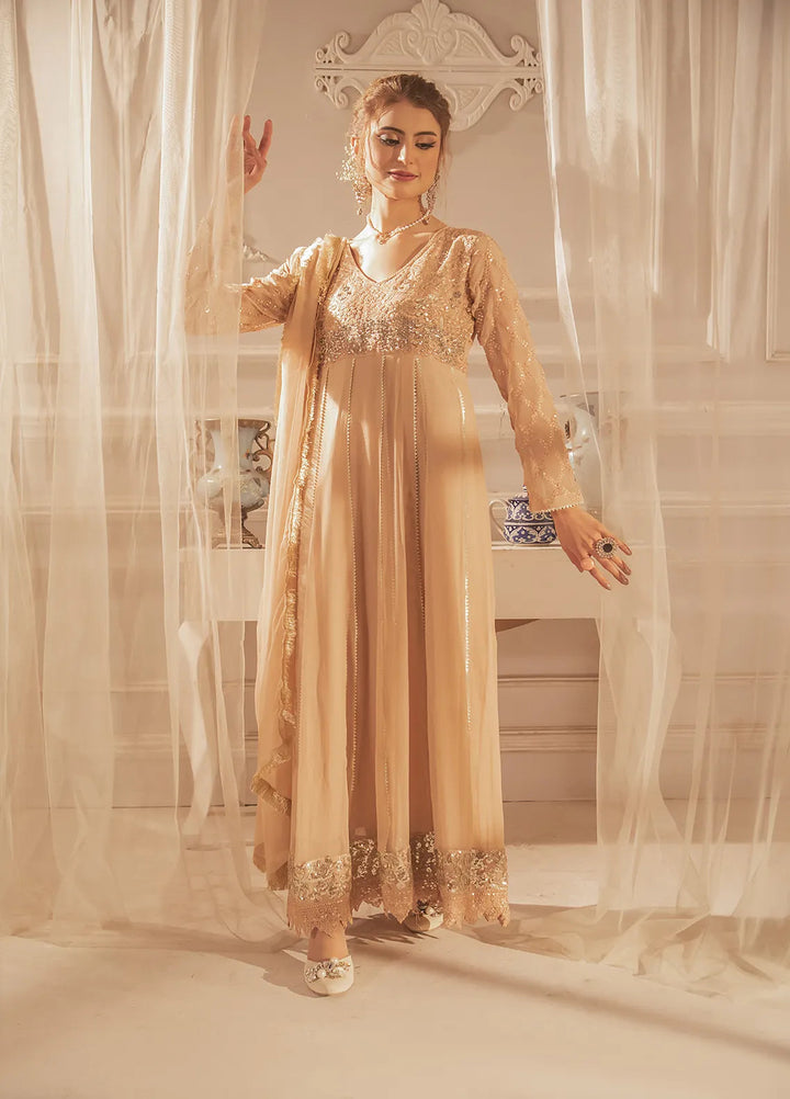 Manahils Pret Embroidered Chiffon 3 Piece Suit KURTI 108 Peach