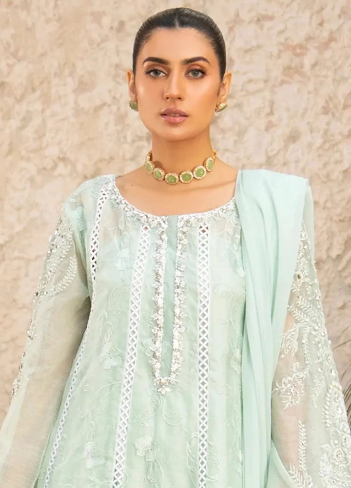 Manahils Pret Embroidered Khaddi Net 3 Piece Suit K-152-Aqua