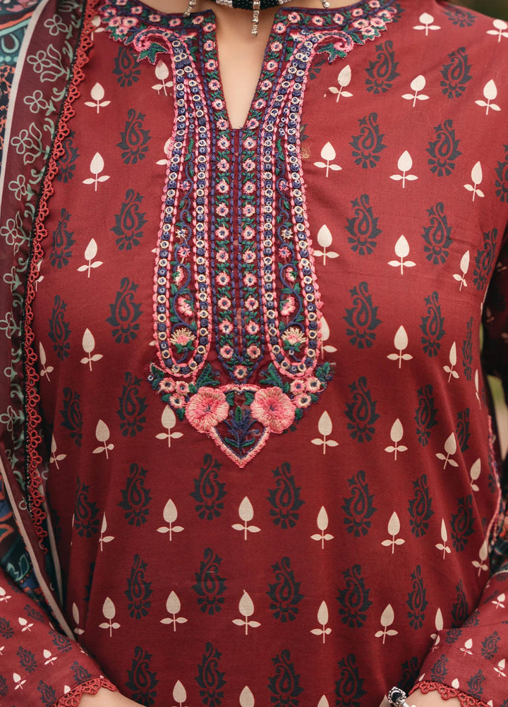 Mannat Pret Printed Cotton Lawn 3 Piece Suit Mahogany
