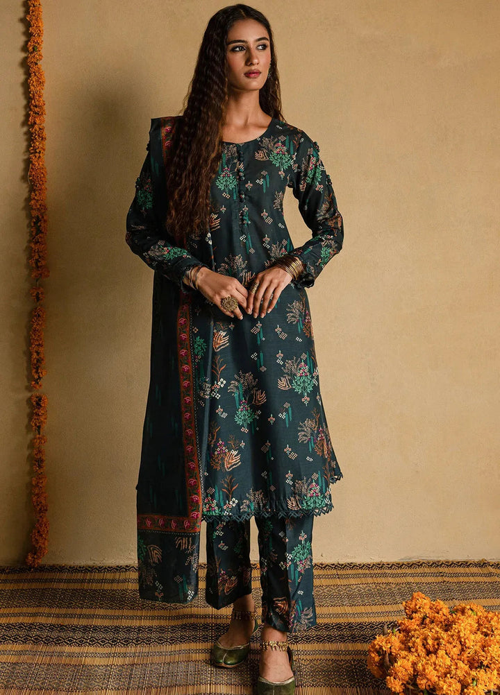 Mannat Pret Printed Raw Silk 3 Piece Suit Sabzeena