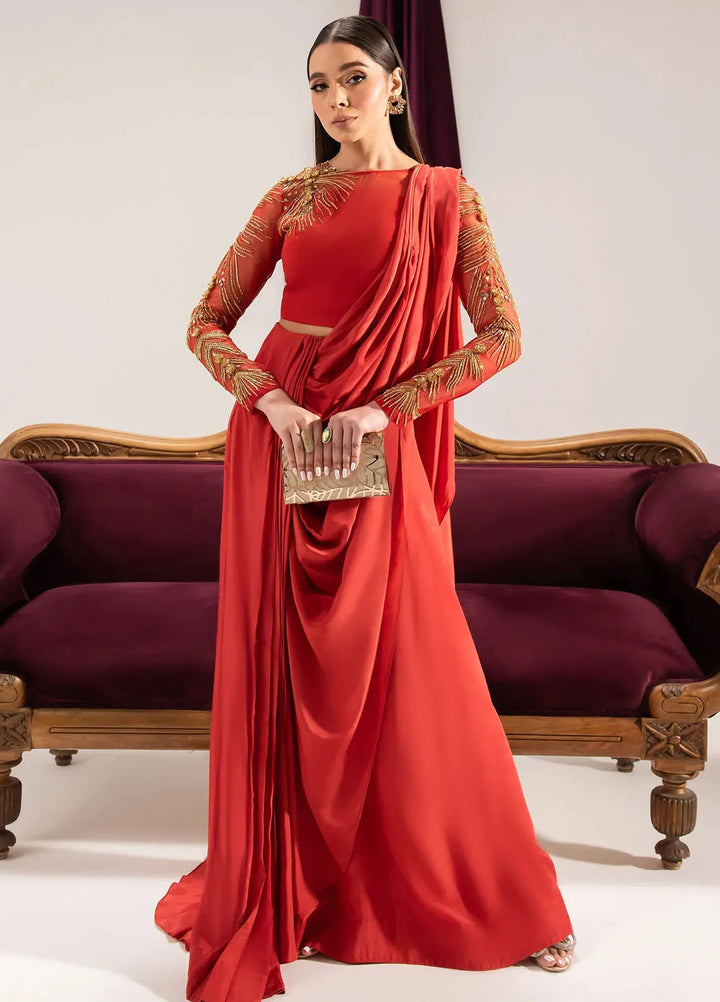 Maria Osama Khan Pret Embroidered Grip Saree Carnelian