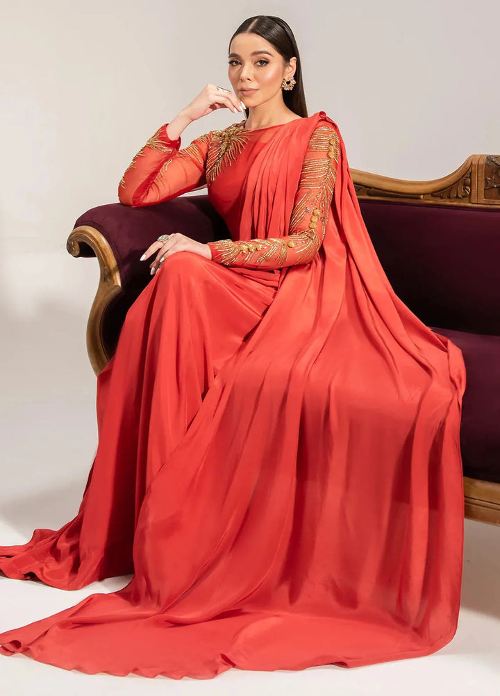 Maria Osama Khan Pret Embroidered Grip Saree Carnelian