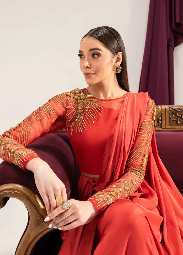 Maria Osama Khan Pret Embroidered Grip Saree Carnelian