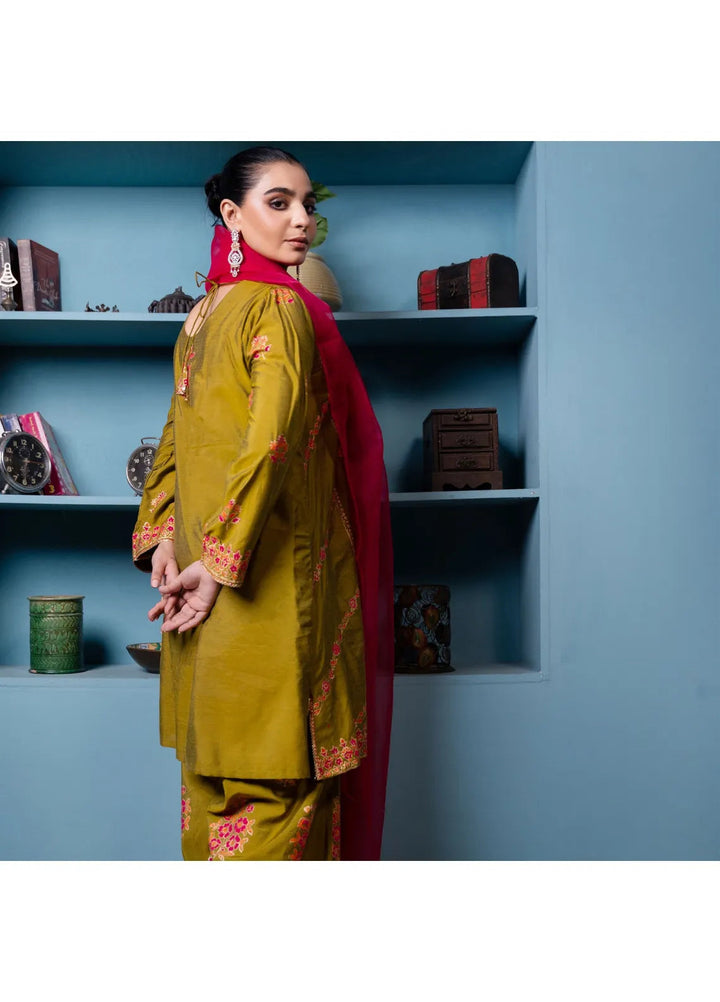 Maroon by Iqra Chaudhry Pret Embroidered Karandi Silk 3 Piece Suit Bella