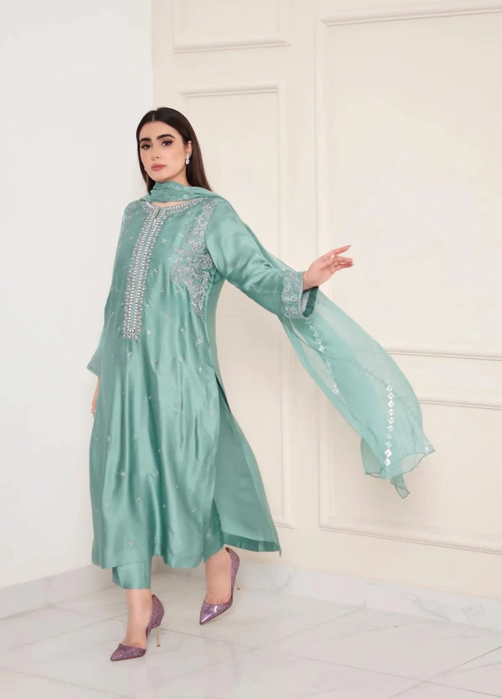 Maroon by Iqra Chaudhry Pret Embroidered Raw Silk 3 Piece Suit Aqua Breeze