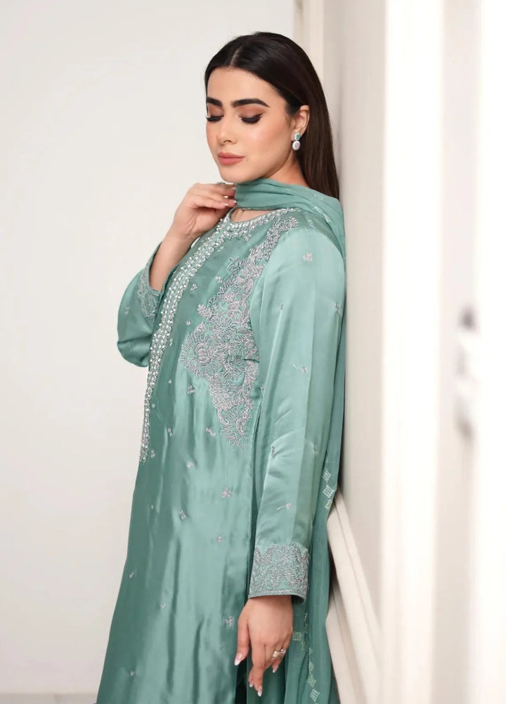 Maroon by Iqra Chaudhry Pret Embroidered Raw Silk 3 Piece Suit Aqua Breeze