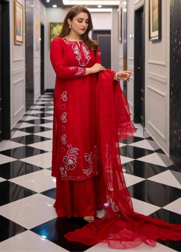 Maroon by Iqra Chaudhry Pret Embroidered Raw Silk 3 Piece Suit Cherry Red