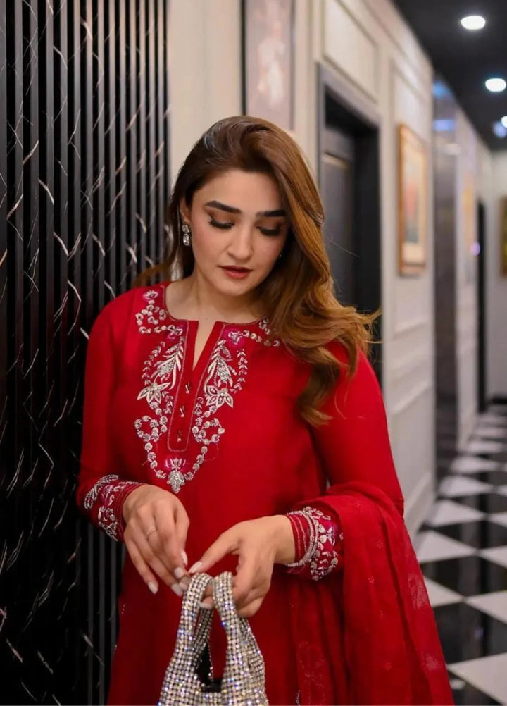 Maroon by Iqra Chaudhry Pret Embroidered Raw Silk 3 Piece Suit Cherry Red