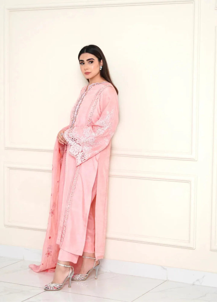 Maroon by Iqra Chaudhry Pret Embroidered Raw Silk 3 Piece Suit Flamingo Pink