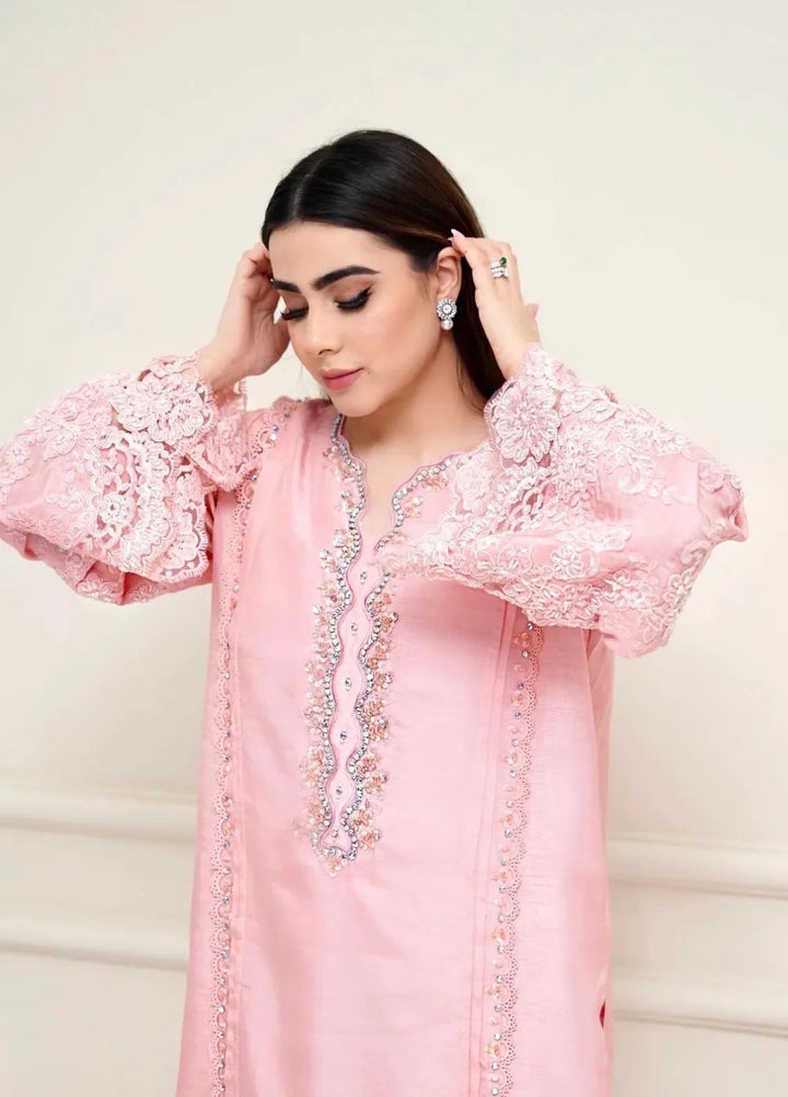 Maroon by Iqra Chaudhry Pret Embroidered Raw Silk 3 Piece Suit Flamingo Pink