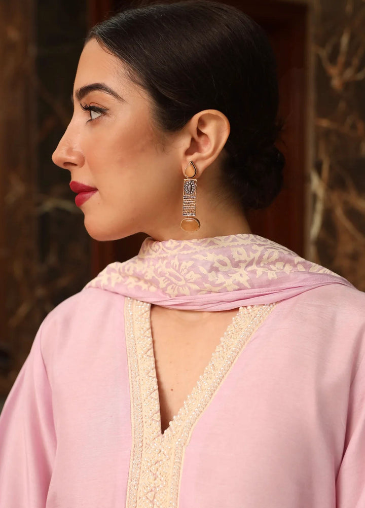 Maroon by Iqra Chaudhry Pret Embroidered Raw Silk 3 Piece Suit Misty Pink