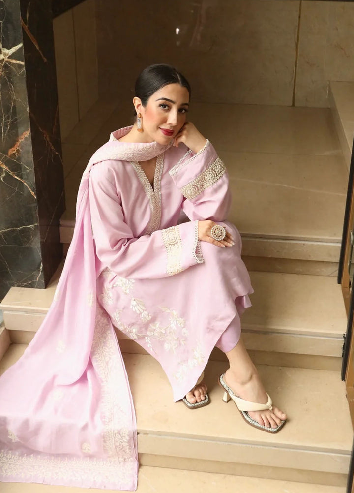Maroon by Iqra Chaudhry Pret Embroidered Raw Silk 3 Piece Suit Misty Pink