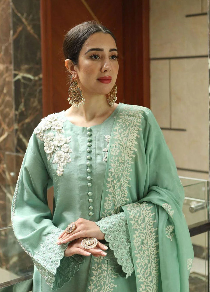 Maroon by Iqra Chaudhry Pret Embroidered Raw Silk 3 Piece Suit Pistachio Pearl