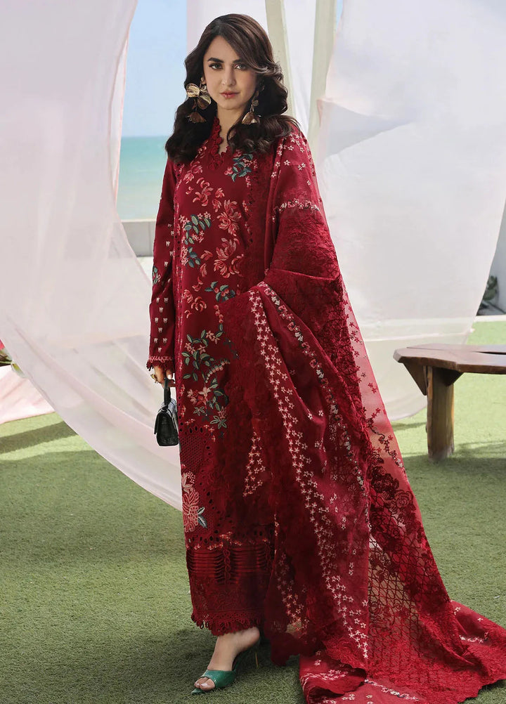Maryam Hussain Embroidered Lawn Suit Unstitched 3 Piece MH24L D-06 Crimson - Luxury Collection