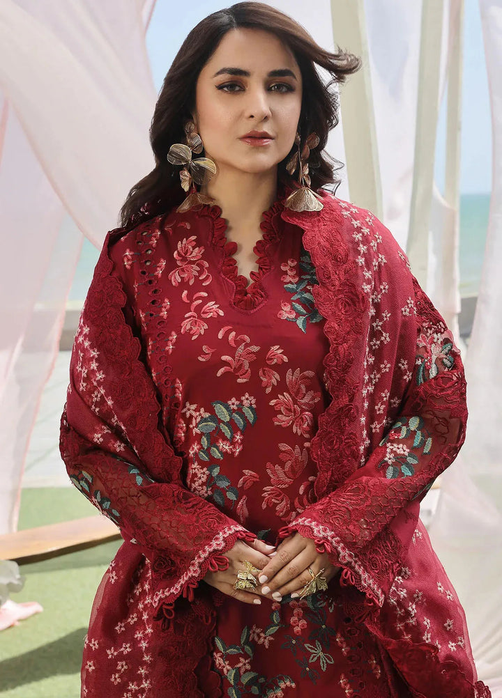 Maryam Hussain Embroidered Lawn Suit Unstitched 3 Piece MH24L D-06 Crimson - Luxury Collection